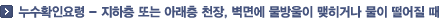 누수확인요령 - 지하층 또는 아래층 천장, 벽면에 물방울이 맺히거나 물이 떨어질 때